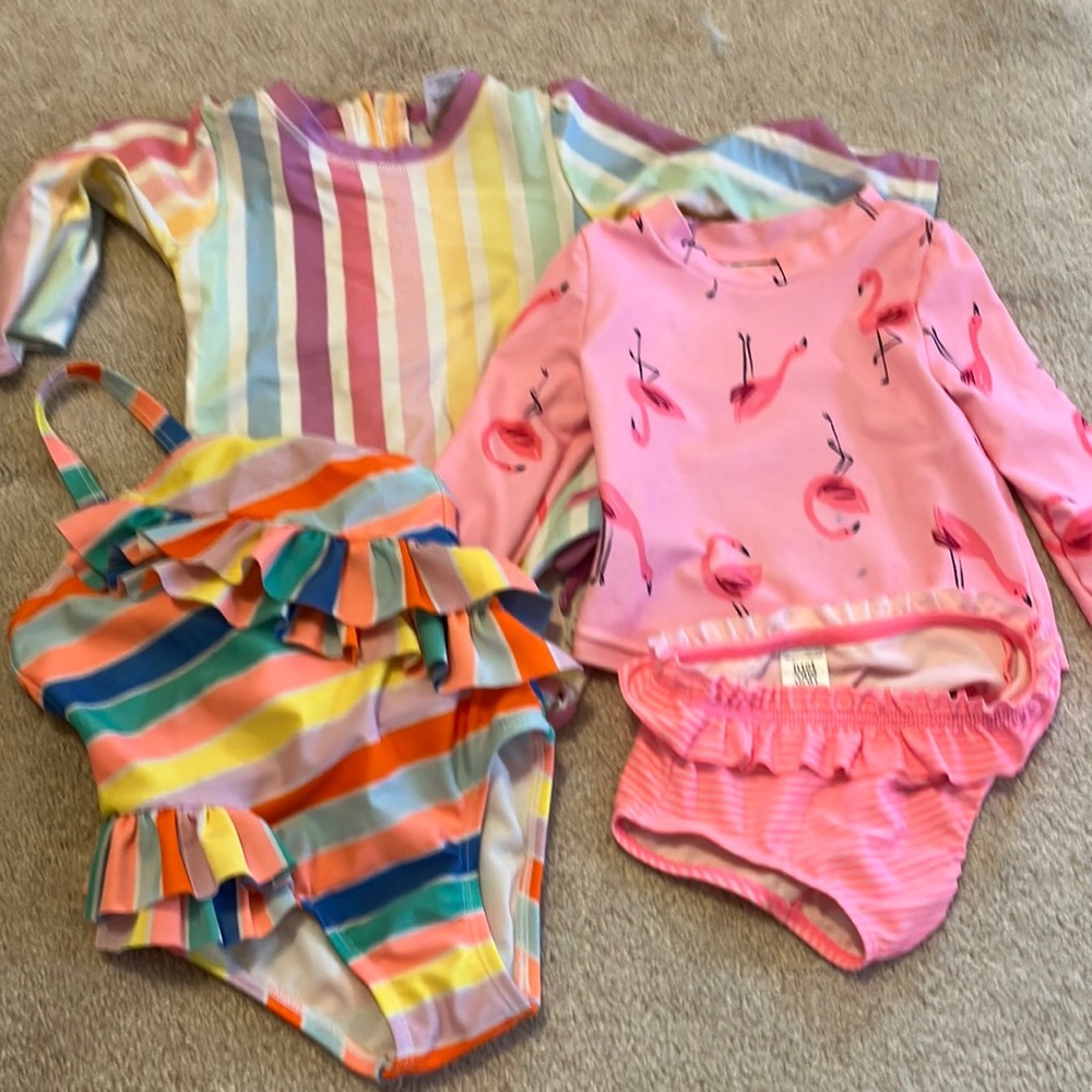Lot of three toddler swimsuits ruffle butts cat&jack 12 18 months rash guard